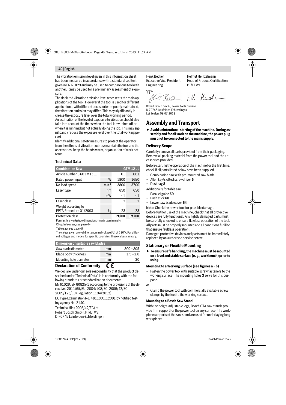 Assembly and transport | Bosch GTM 12 JL Professional User Manual | Page 40 / 485