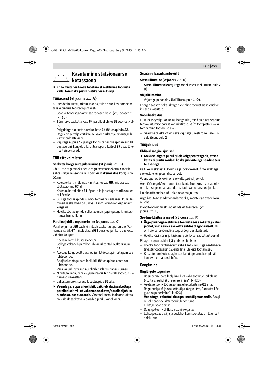 Kasutamine statsionaarse ketassaena | Bosch GTM 12 JL Professional User Manual | Page 423 / 485