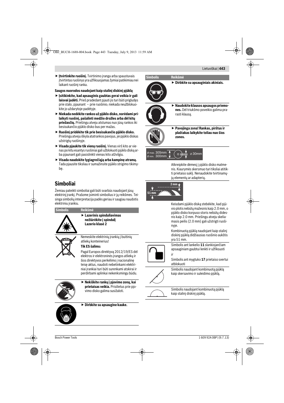 Simboliai | Bosch GTM 12 JL Professional User Manual | Page 443 / 485