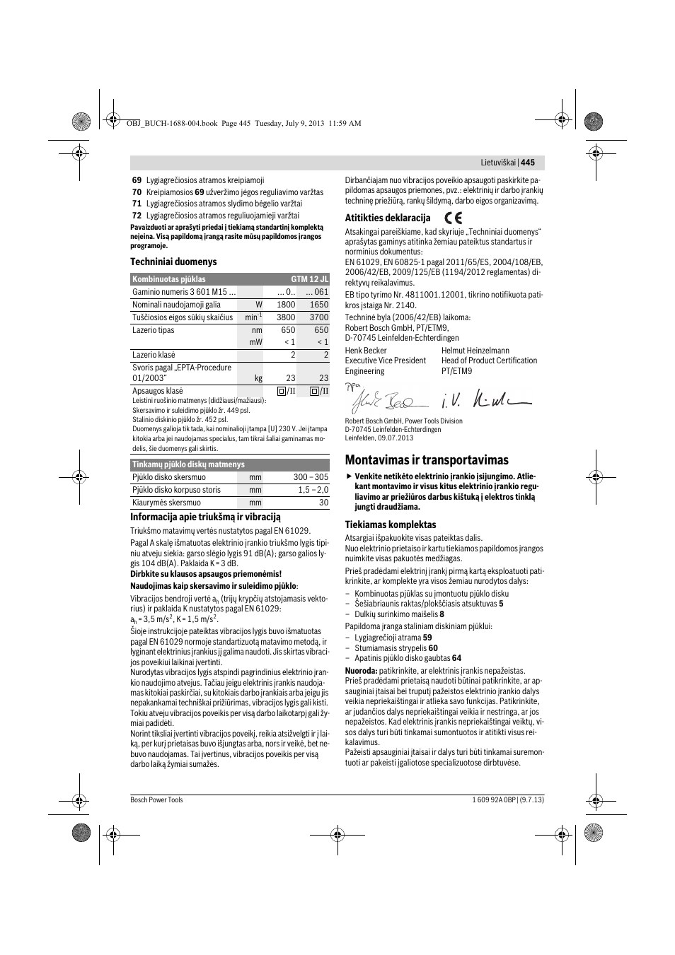 Montavimas ir transportavimas | Bosch GTM 12 JL Professional User Manual | Page 445 / 485
