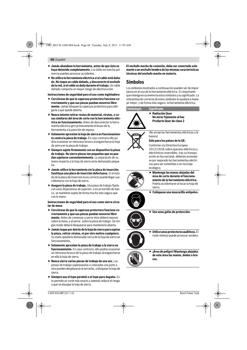 Símbolos | Bosch GTM 12 JL Professional User Manual | Page 68 / 485