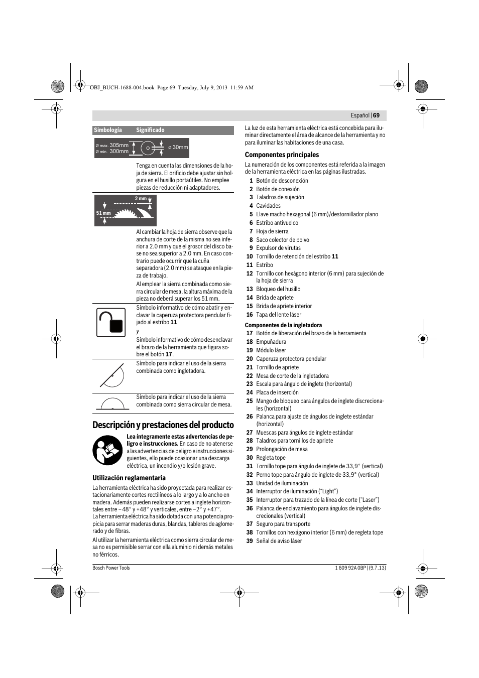 Descripción y prestaciones del producto | Bosch GTM 12 JL Professional User Manual | Page 69 / 485