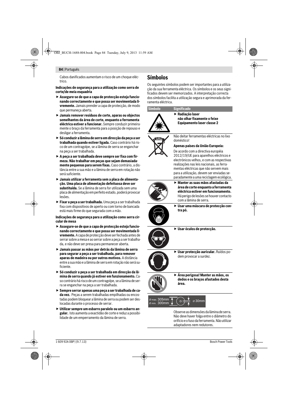 Símbolos | Bosch GTM 12 JL Professional User Manual | Page 84 / 485