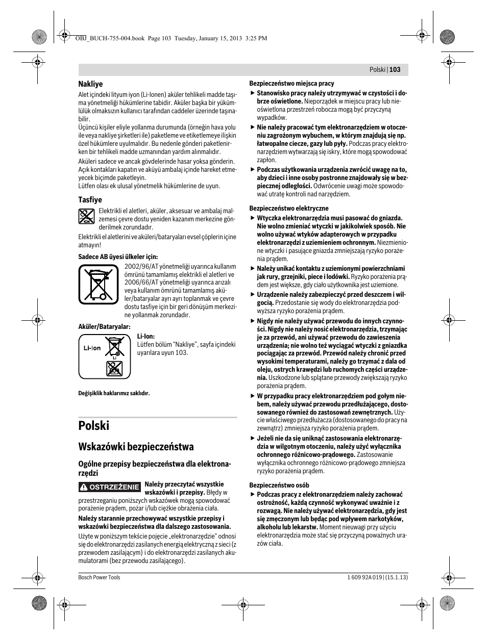 Polski, Wskazówki bezpieczeństwa | Bosch GKS 18 V-LI Professional User Manual | Page 103 / 224