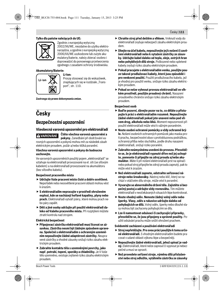 Česky, Bezpečnostní upozornění | Bosch GKS 18 V-LI Professional User Manual | Page 111 / 224