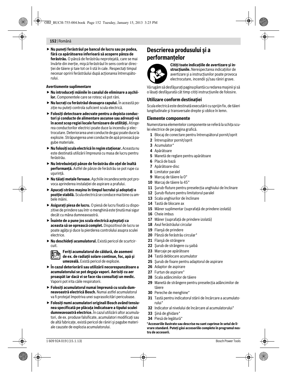 Descrierea produsului şi a performanţelor | Bosch GKS 18 V-LI Professional User Manual | Page 152 / 224