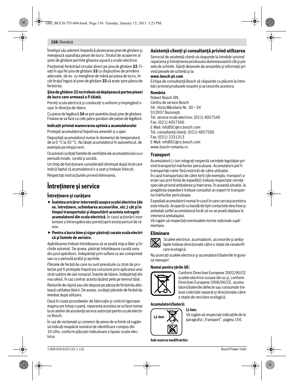 Întreţinere şi service | Bosch GKS 18 V-LI Professional User Manual | Page 156 / 224