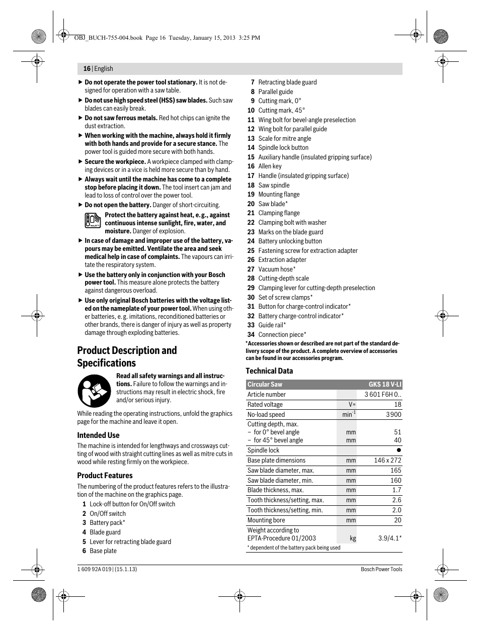 Product description and specifications | Bosch GKS 18 V-LI Professional User Manual | Page 16 / 224