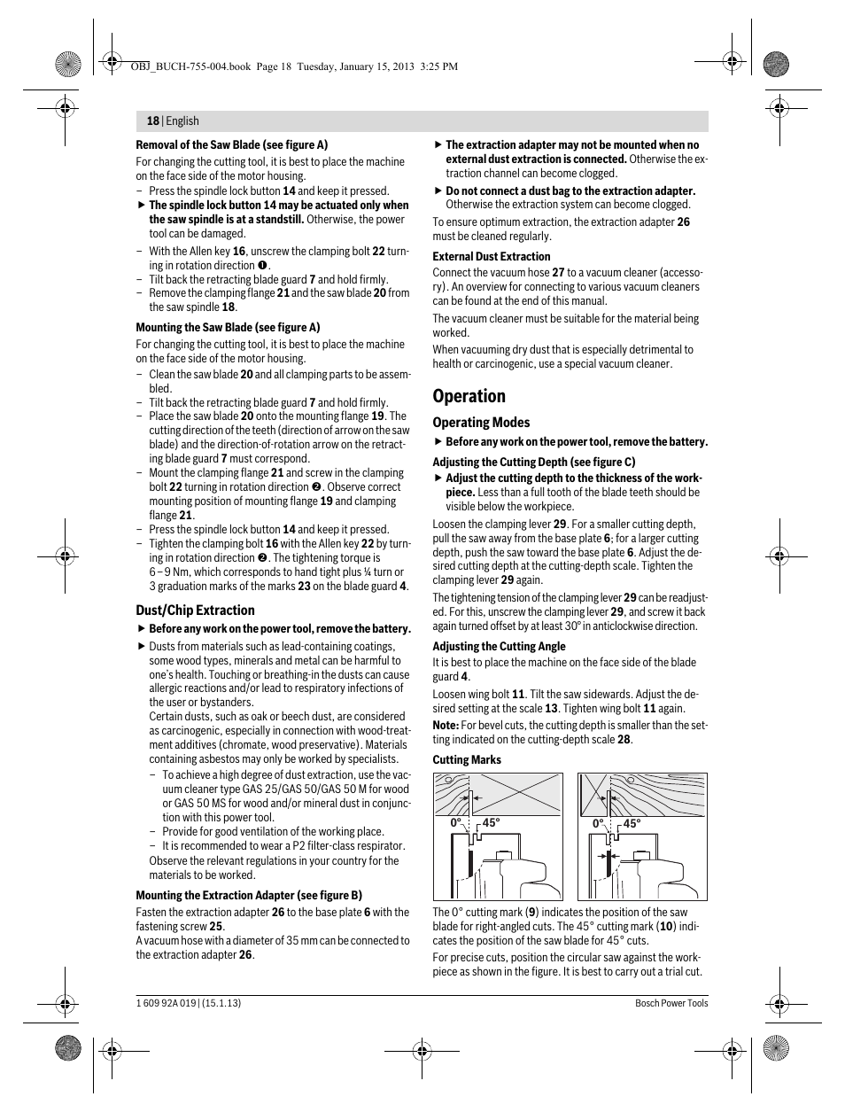 Operation | Bosch GKS 18 V-LI Professional User Manual | Page 18 / 224