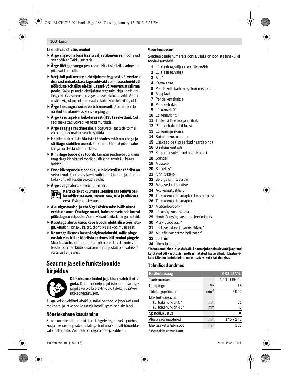 Seadme ja selle funktsioonide kirjeldus | Bosch GKS 18 V-LI Professional User Manual | Page 188 / 224