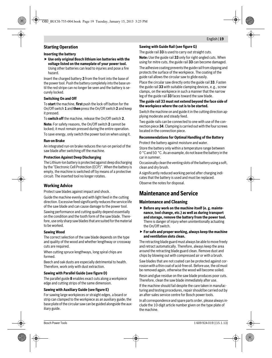 Maintenance and service | Bosch GKS 18 V-LI Professional User Manual | Page 19 / 224