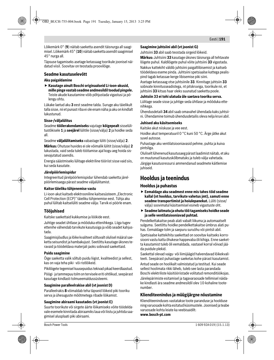 Hooldus ja teenindus | Bosch GKS 18 V-LI Professional User Manual | Page 191 / 224