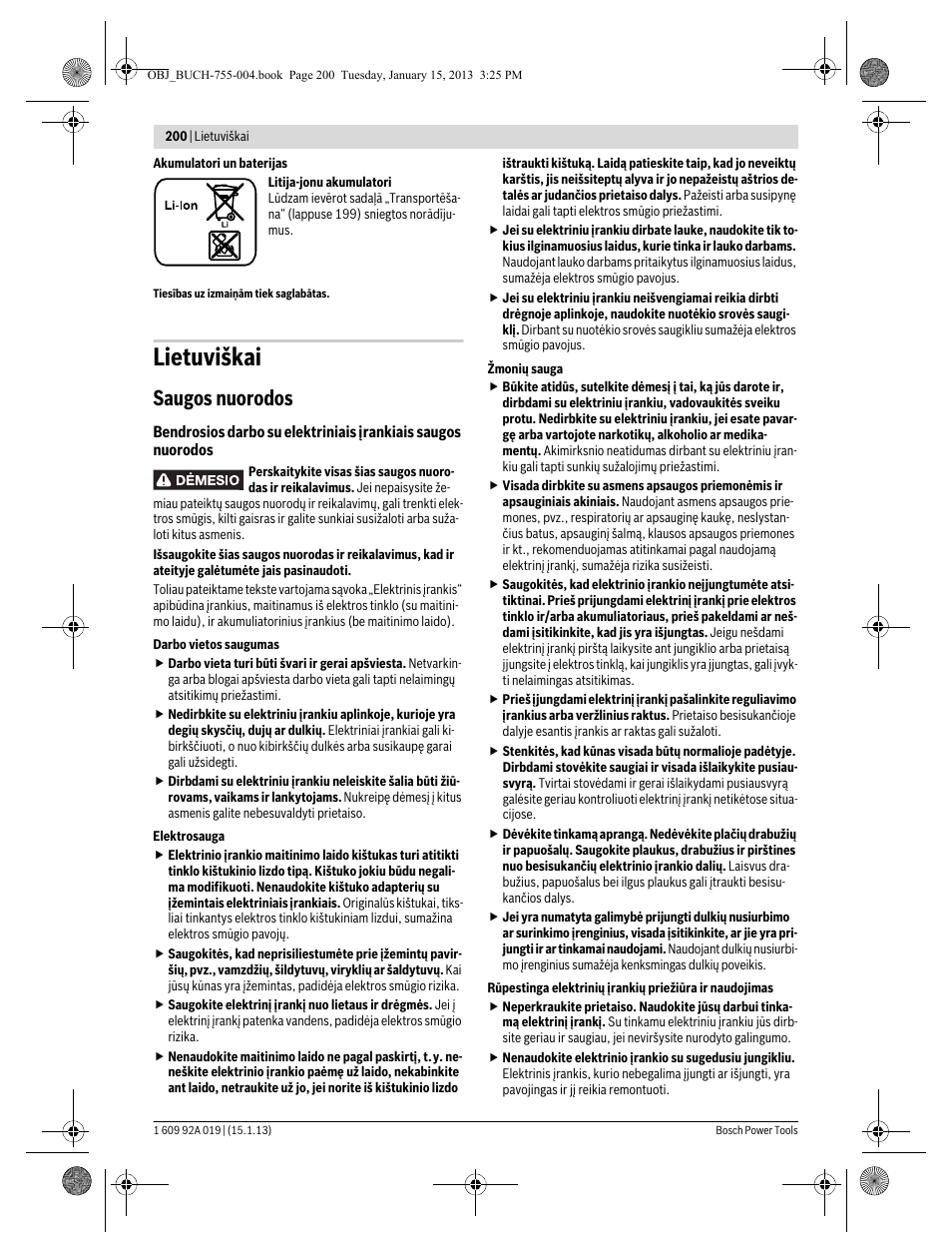 Lietuviškai, Saugos nuorodos | Bosch GKS 18 V-LI Professional User Manual | Page 200 / 224