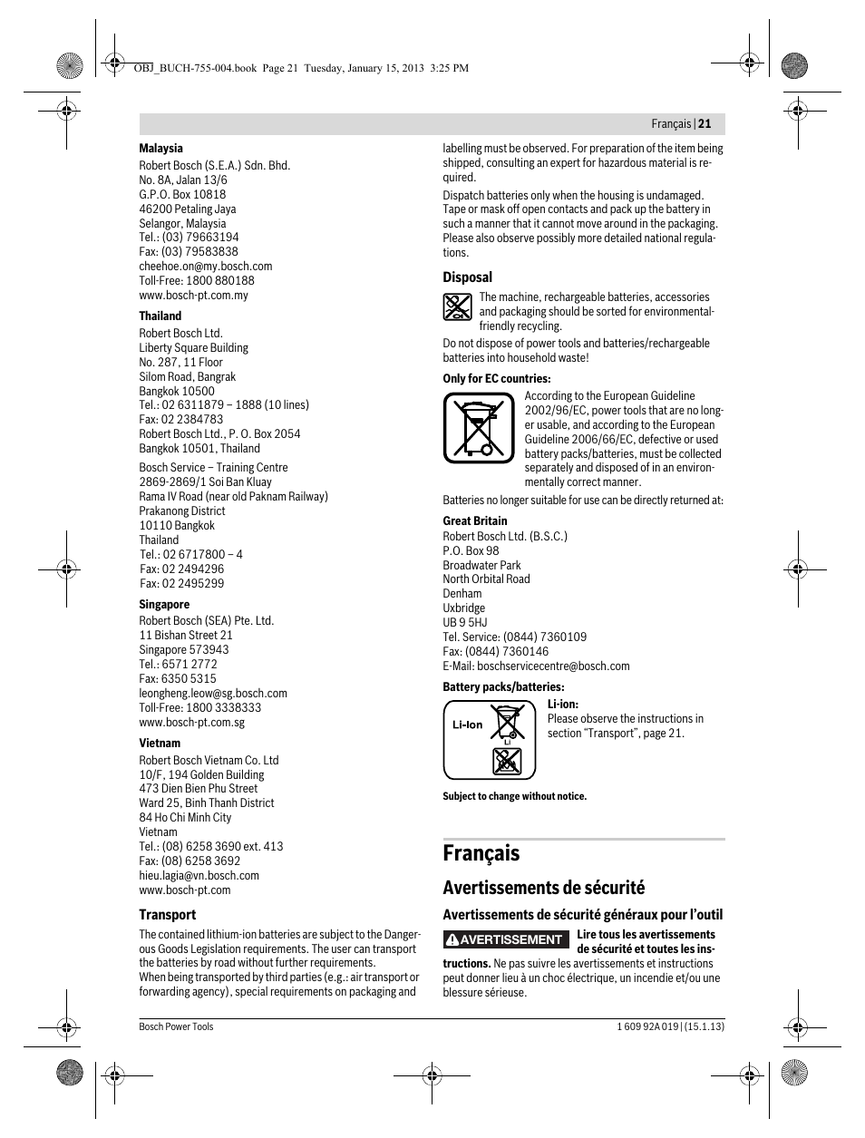 Français, Avertissements de sécurité | Bosch GKS 18 V-LI Professional User Manual | Page 21 / 224