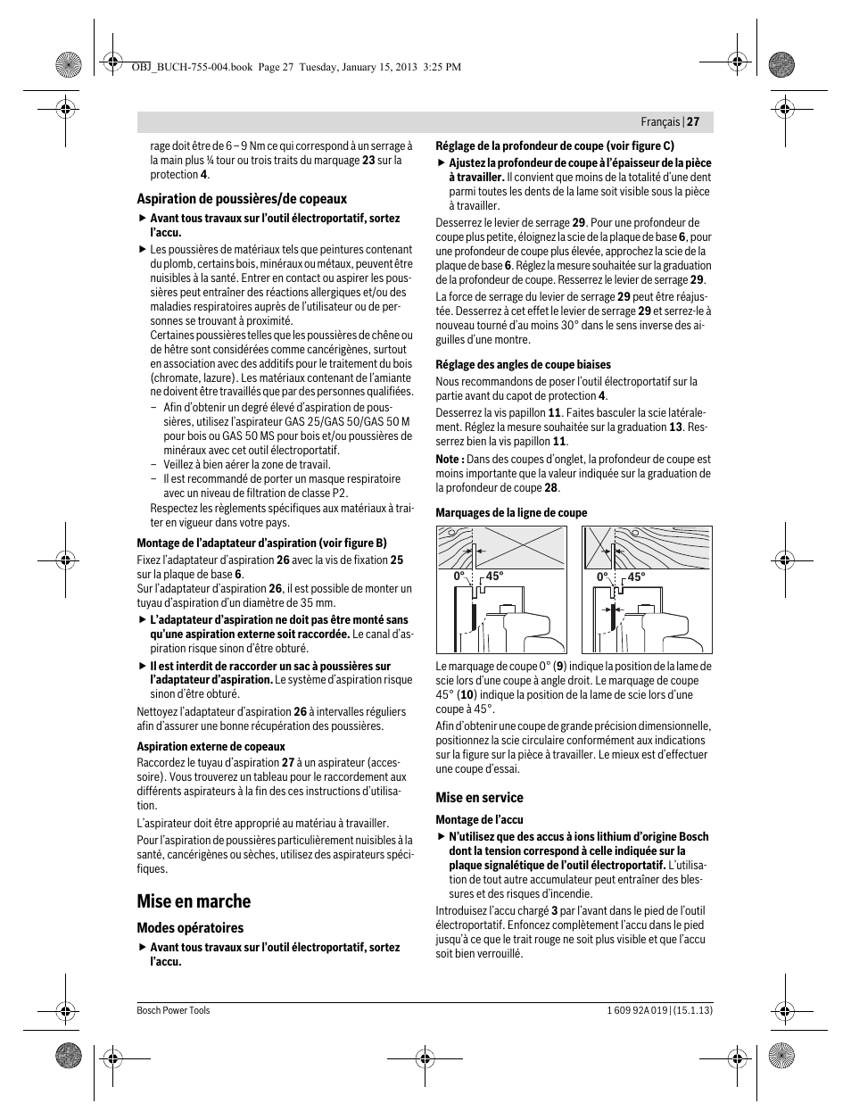 Mise en marche | Bosch GKS 18 V-LI Professional User Manual | Page 27 / 224