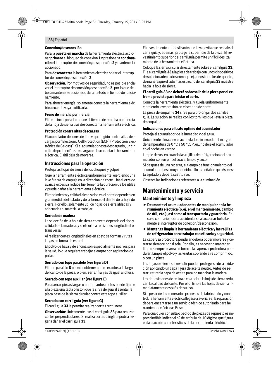 Mantenimiento y servicio | Bosch GKS 18 V-LI Professional User Manual | Page 36 / 224