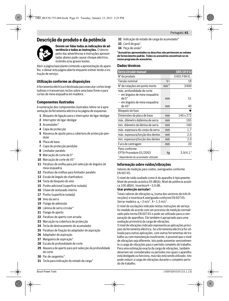 Descrição do produto e da potência | Bosch GKS 18 V-LI Professional User Manual | Page 41 / 224