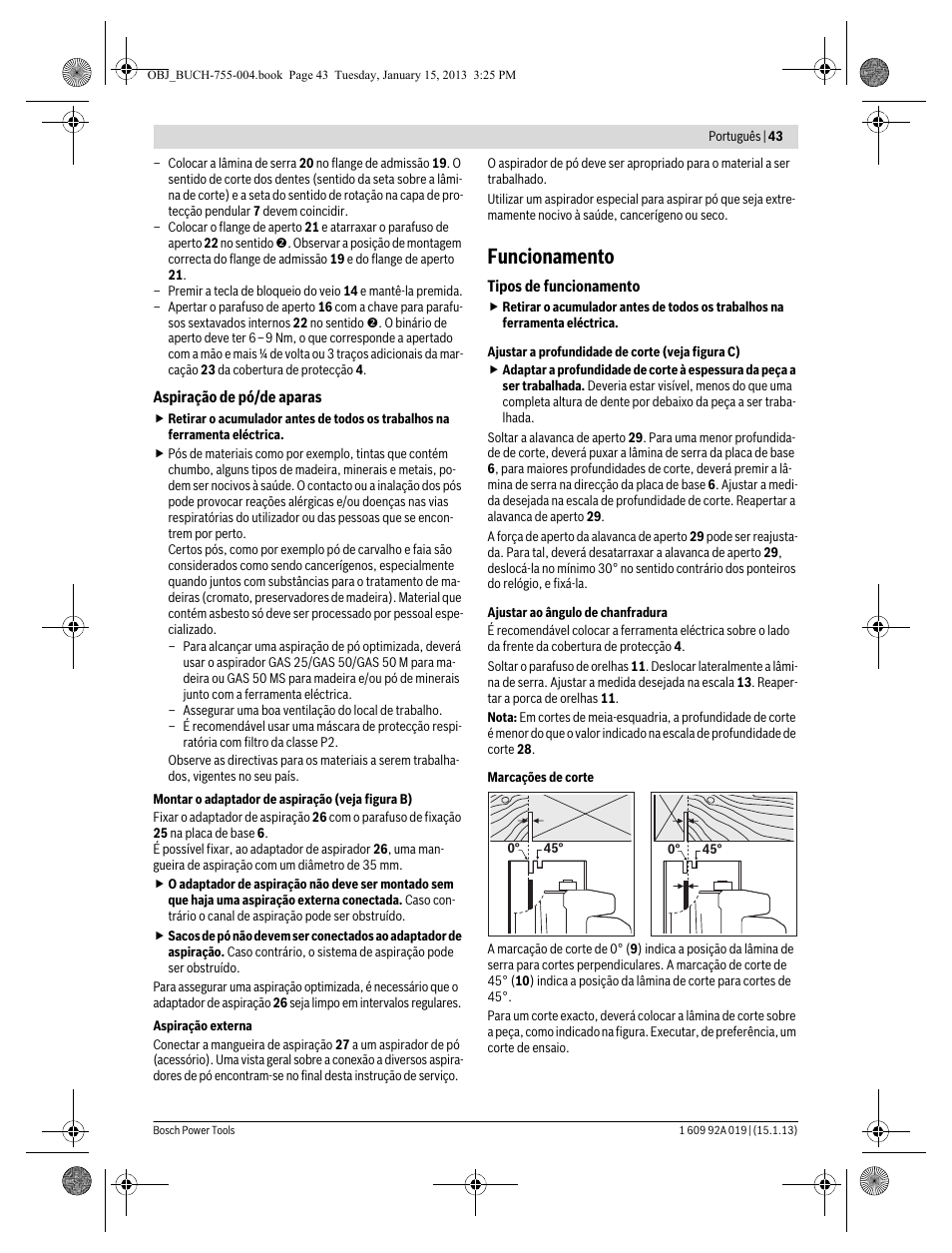 Funcionamento | Bosch GKS 18 V-LI Professional User Manual | Page 43 / 224