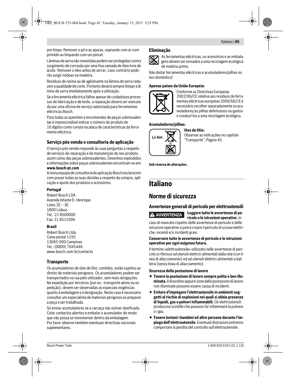 Italiano, Norme di sicurezza | Bosch GKS 18 V-LI Professional User Manual | Page 45 / 224