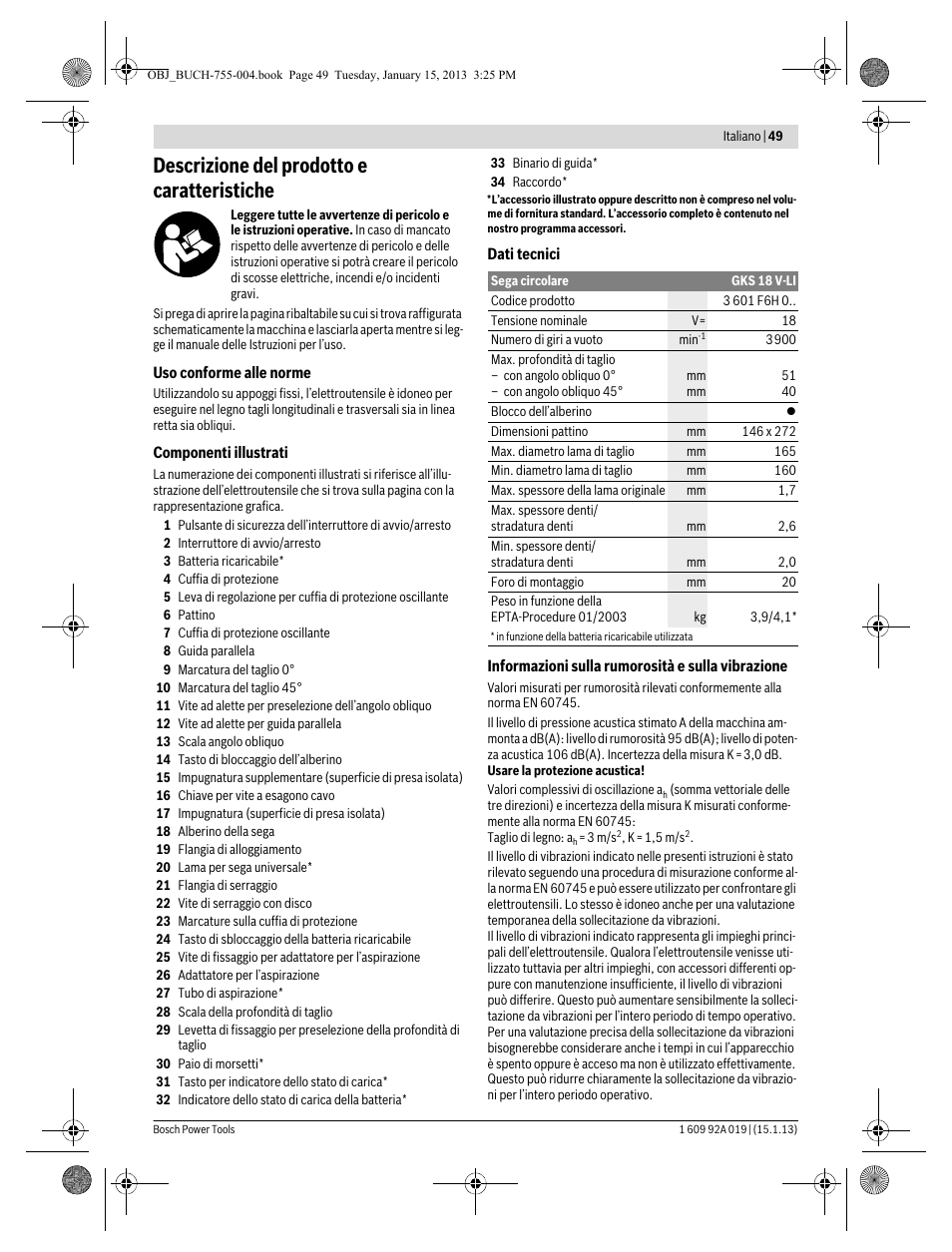 Descrizione del prodotto e caratteristiche | Bosch GKS 18 V-LI Professional User Manual | Page 49 / 224