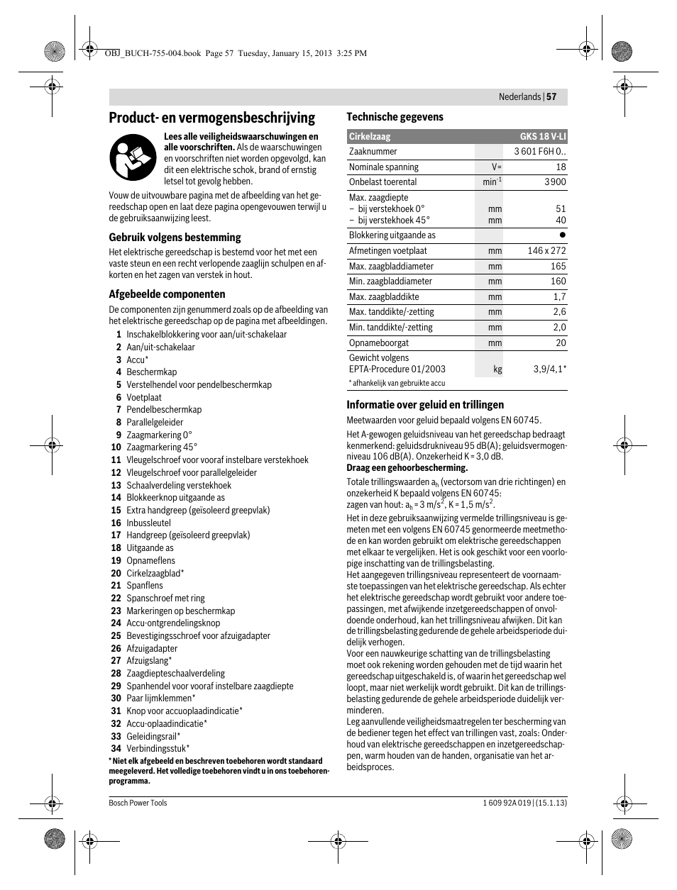 Product- en vermogensbeschrijving | Bosch GKS 18 V-LI Professional User Manual | Page 57 / 224