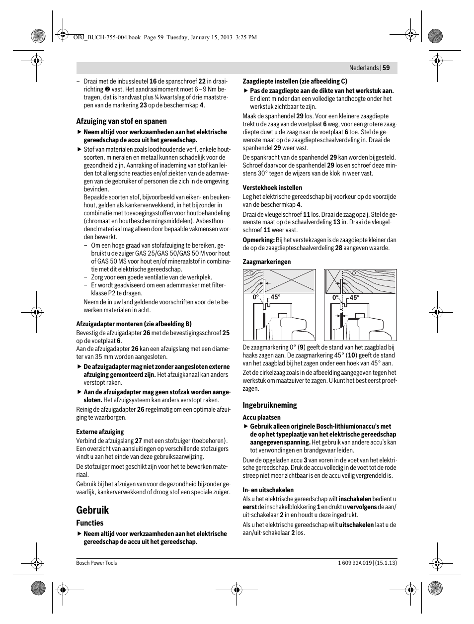 Gebruik | Bosch GKS 18 V-LI Professional User Manual | Page 59 / 224