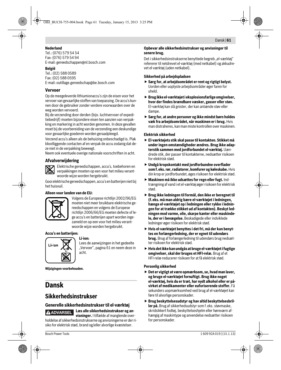 Dansk, Sikkerhedsinstrukser | Bosch GKS 18 V-LI Professional User Manual | Page 61 / 224