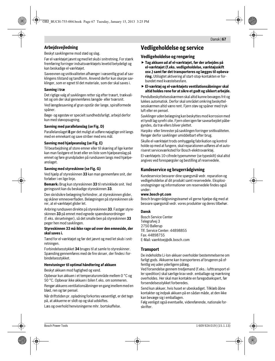 Vedligeholdelse og service | Bosch GKS 18 V-LI Professional User Manual | Page 67 / 224