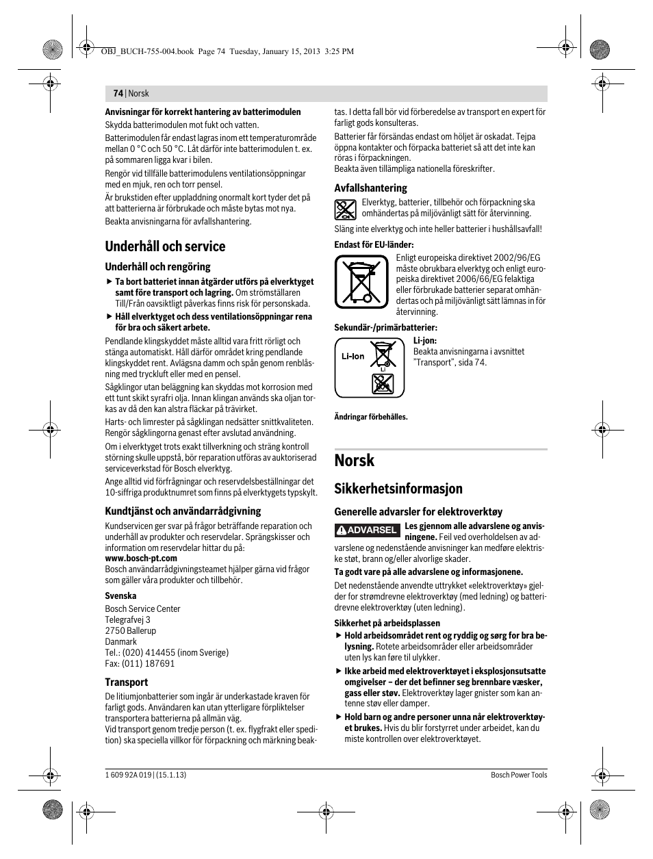 Norsk, Underhåll och service, Sikkerhetsinformasjon | Bosch GKS 18 V-LI Professional User Manual | Page 74 / 224