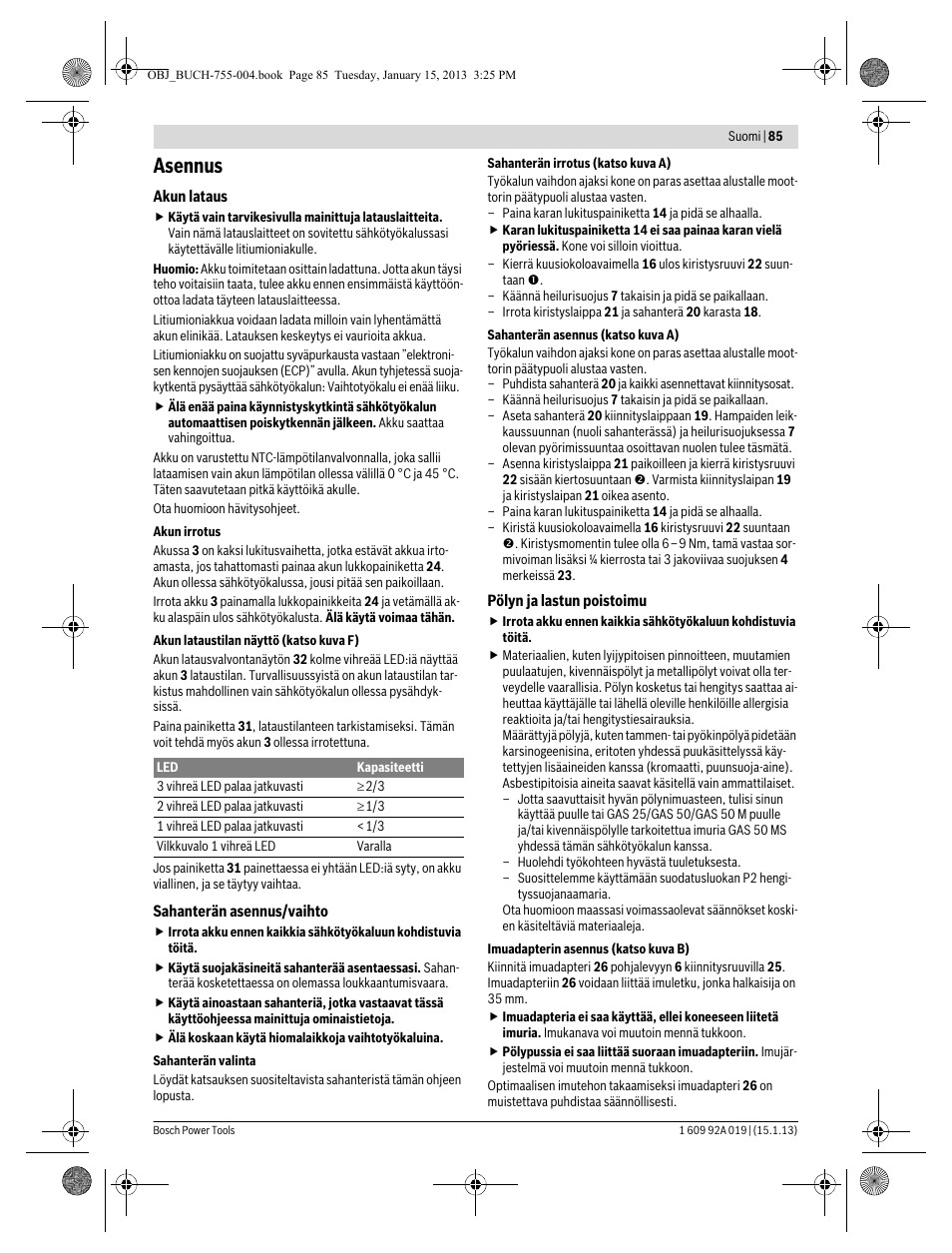 Asennus | Bosch GKS 18 V-LI Professional User Manual | Page 85 / 224