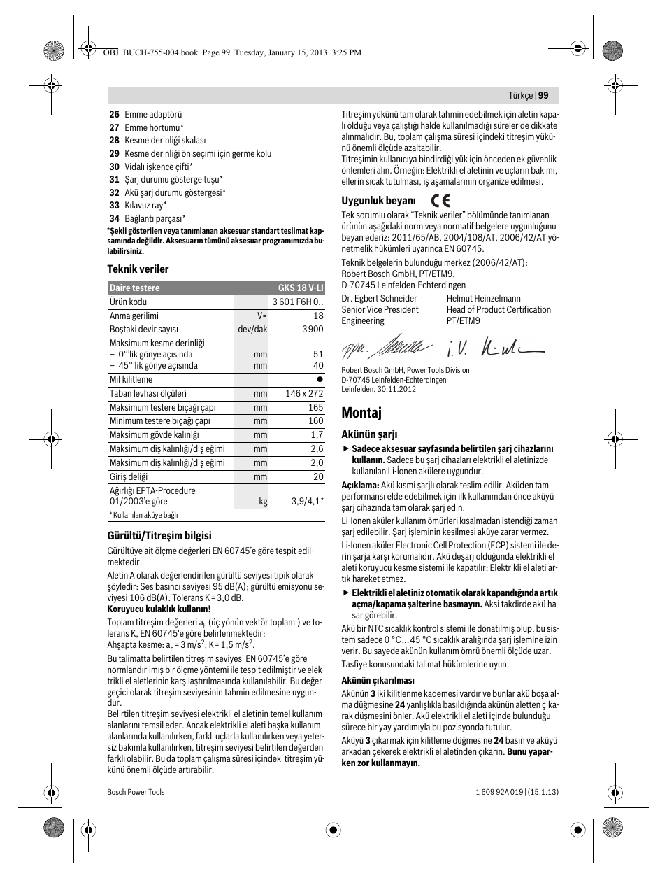 Montaj | Bosch GKS 18 V-LI Professional User Manual | Page 99 / 224