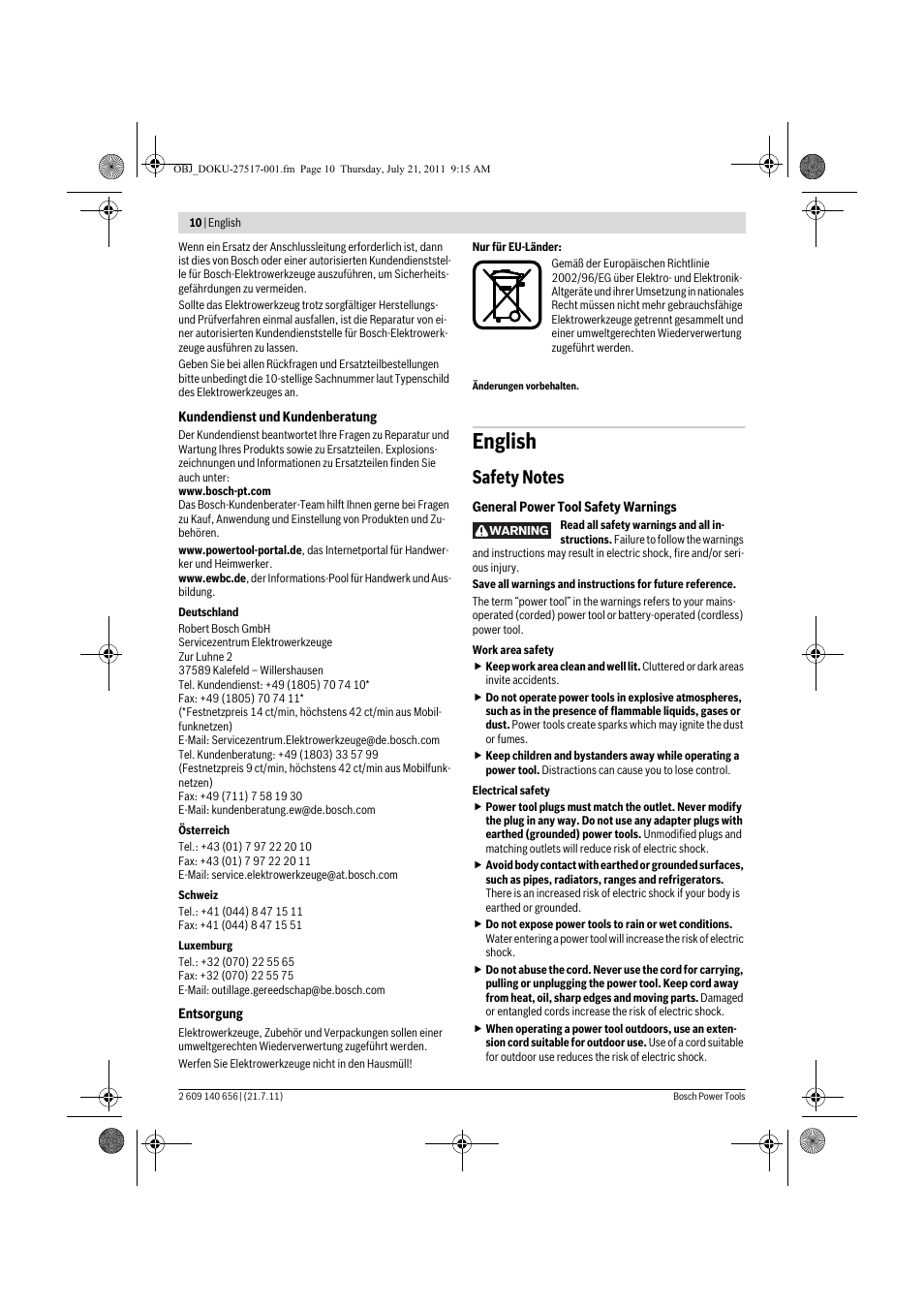 English | Bosch GBM Professional 10 User Manual | Page 10 / 130