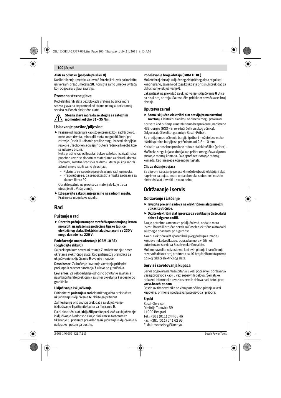 Održavanje i servis | Bosch GBM Professional 10 User Manual | Page 100 / 130