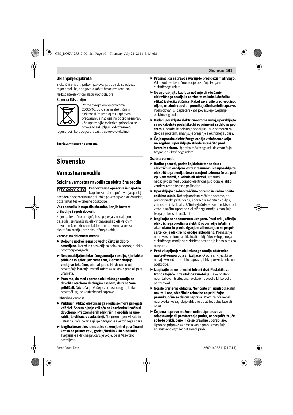 Slovensko, Varnostna navodila | Bosch GBM Professional 10 User Manual | Page 101 / 130