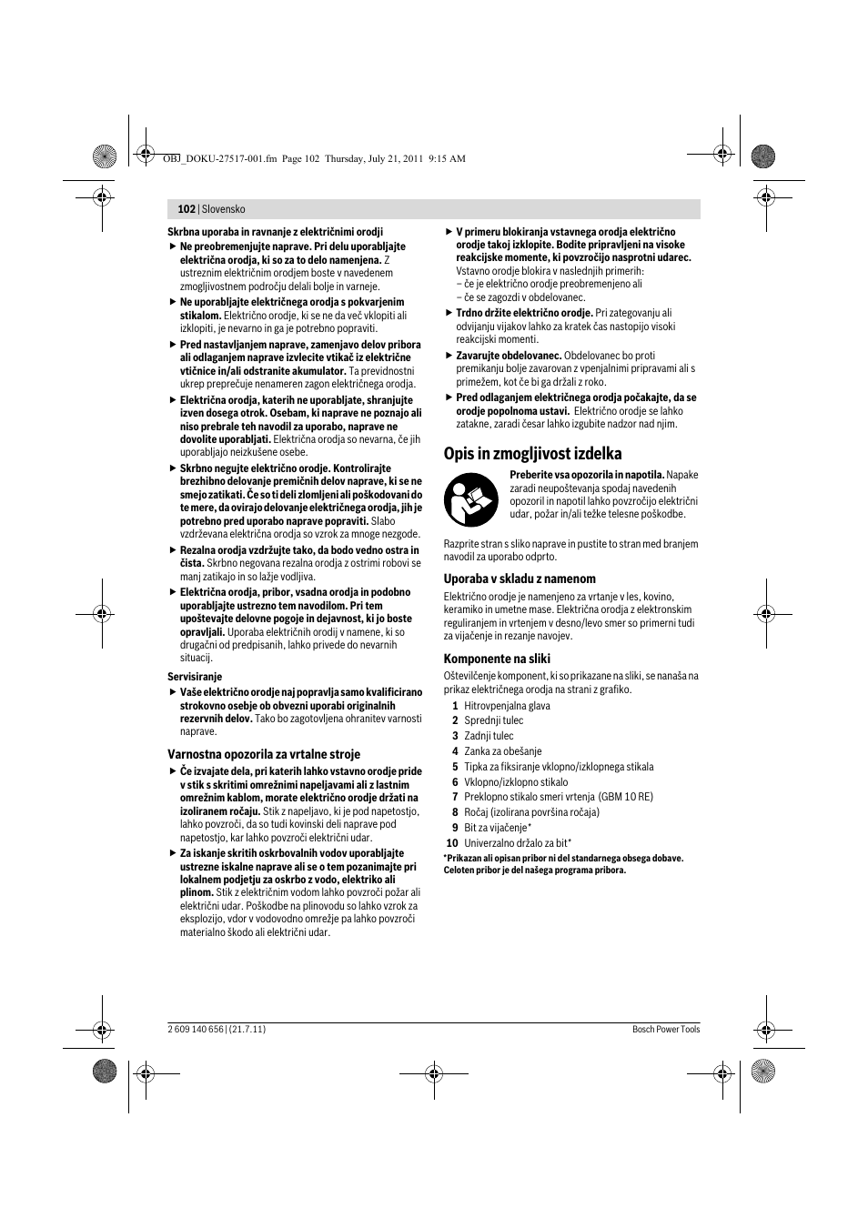 Opis in zmogljivost izdelka | Bosch GBM Professional 10 User Manual | Page 102 / 130