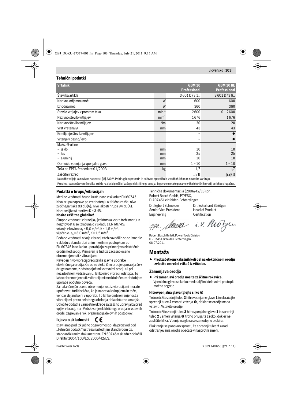 Montaža | Bosch GBM Professional 10 User Manual | Page 103 / 130