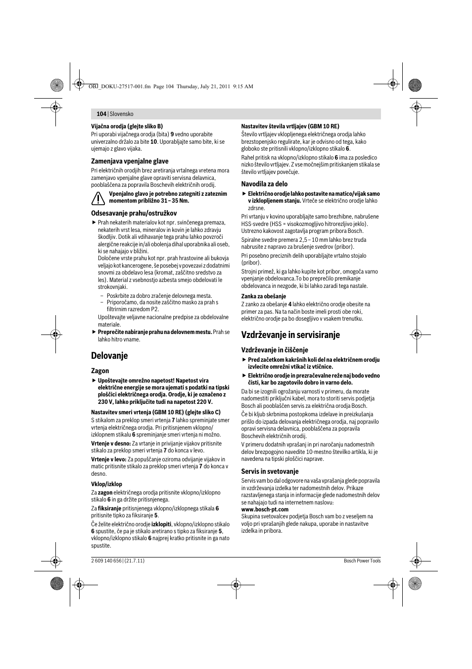 Delovanje, Vzdrževanje in servisiranje | Bosch GBM Professional 10 User Manual | Page 104 / 130