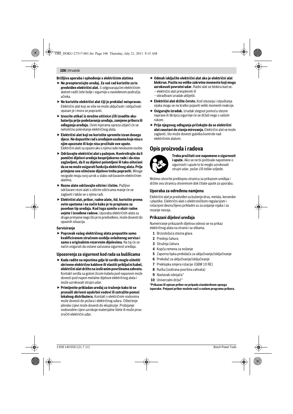 Opis proizvoda i radova | Bosch GBM Professional 10 User Manual | Page 106 / 130