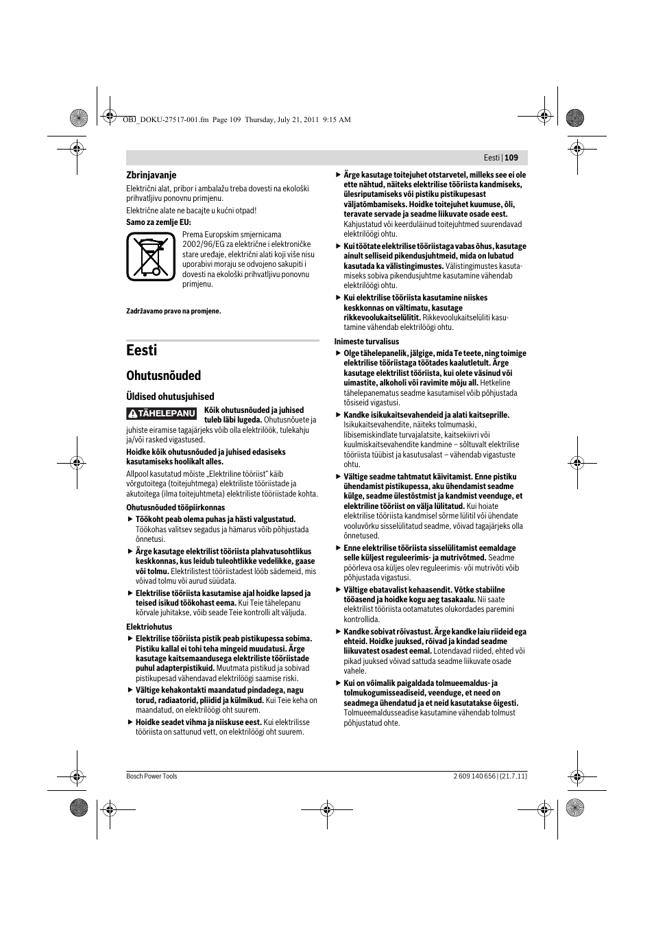 Eesti, Ohutusnõuded | Bosch GBM Professional 10 User Manual | Page 109 / 130