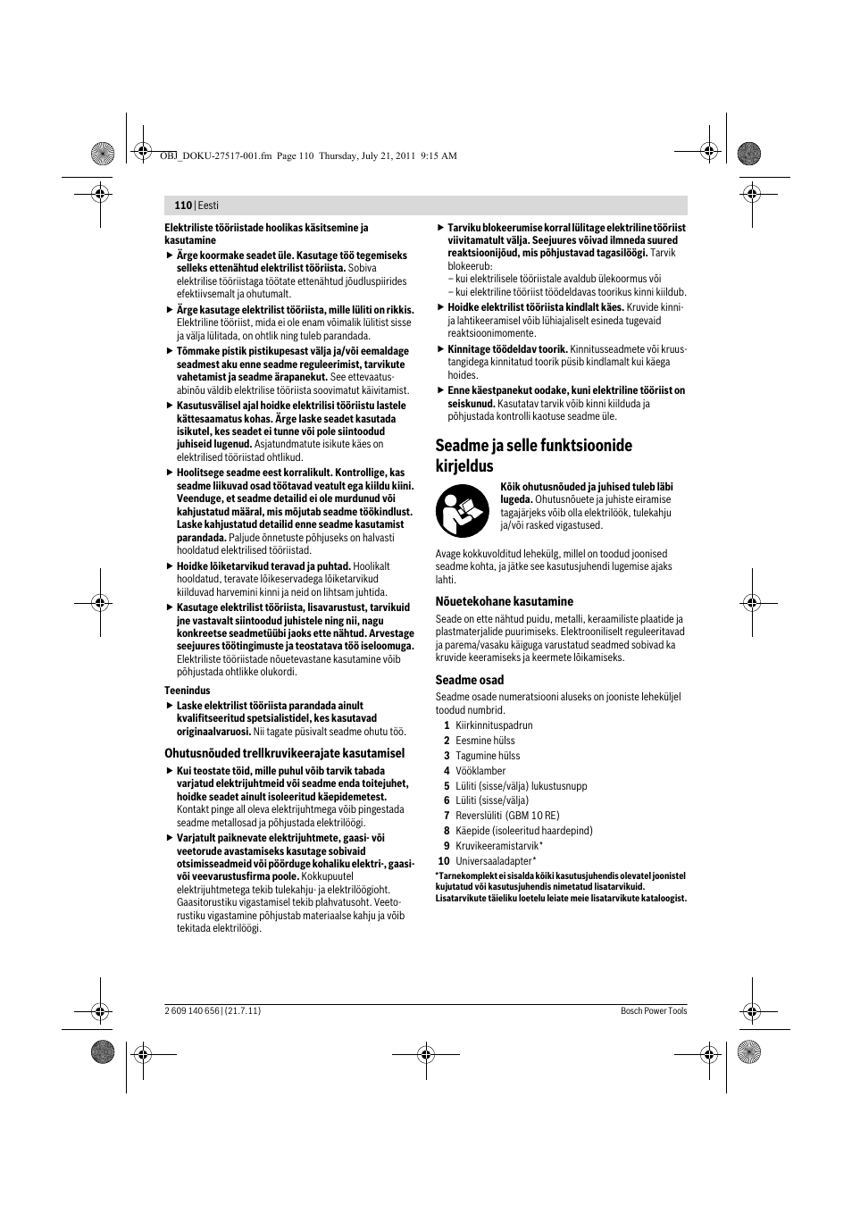 Seadme ja selle funktsioonide kirjeldus | Bosch GBM Professional 10 User Manual | Page 110 / 130