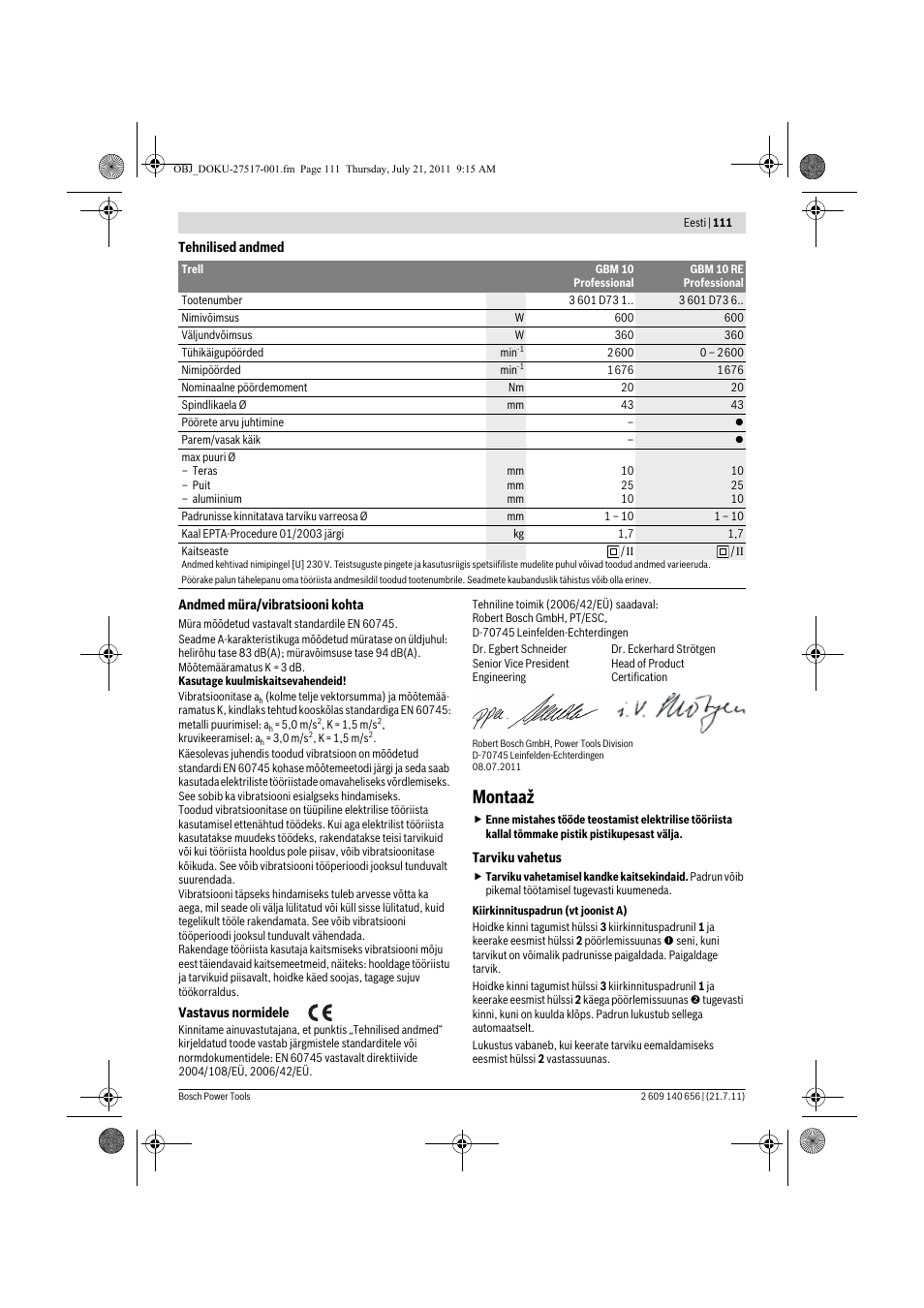 Montaaž | Bosch GBM Professional 10 User Manual | Page 111 / 130