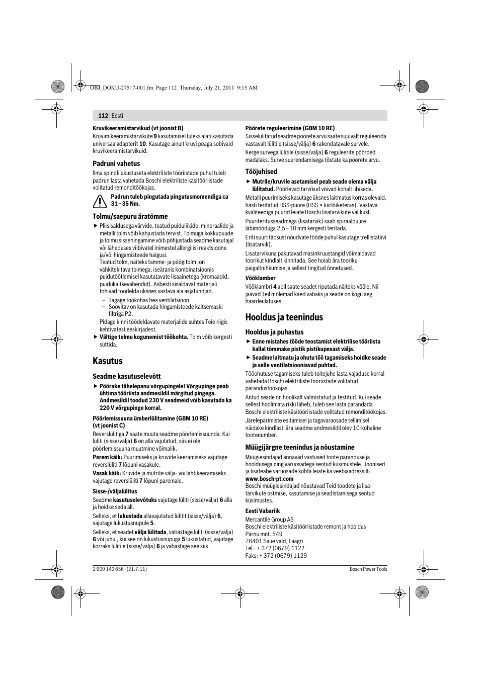 Kasutus, Hooldus ja teenindus | Bosch GBM Professional 10 User Manual | Page 112 / 130