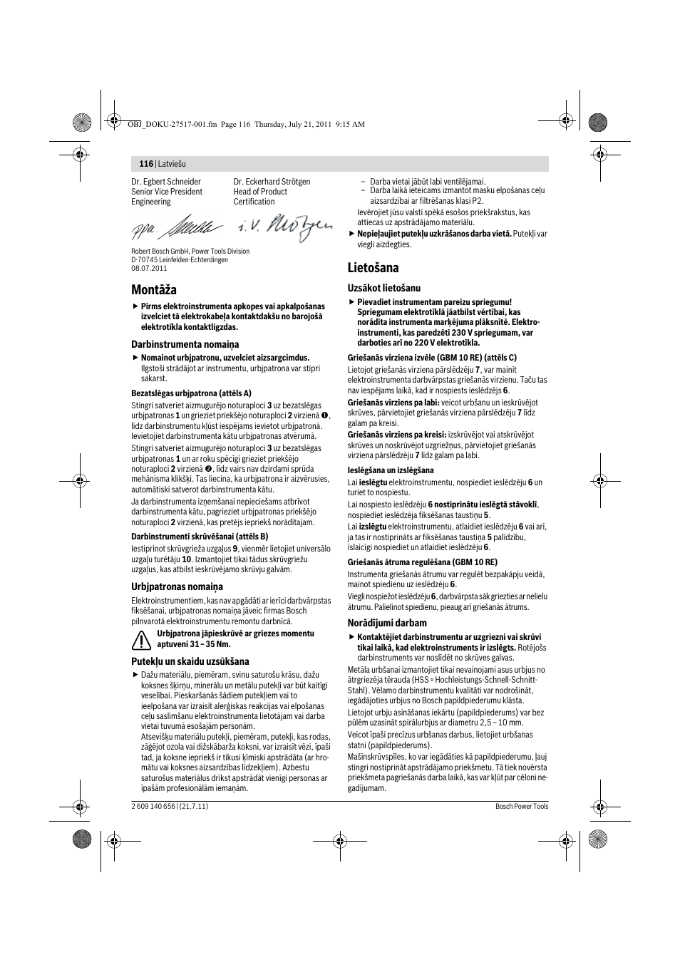 Montāža, Lietošana | Bosch GBM Professional 10 User Manual | Page 116 / 130