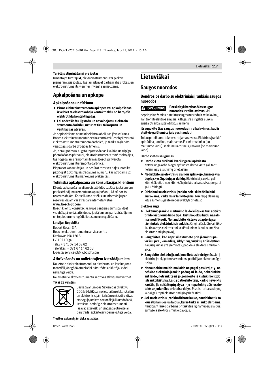 Lietuviškai, Apkalpošana un apkope, Saugos nuorodos | Bosch GBM Professional 10 User Manual | Page 117 / 130