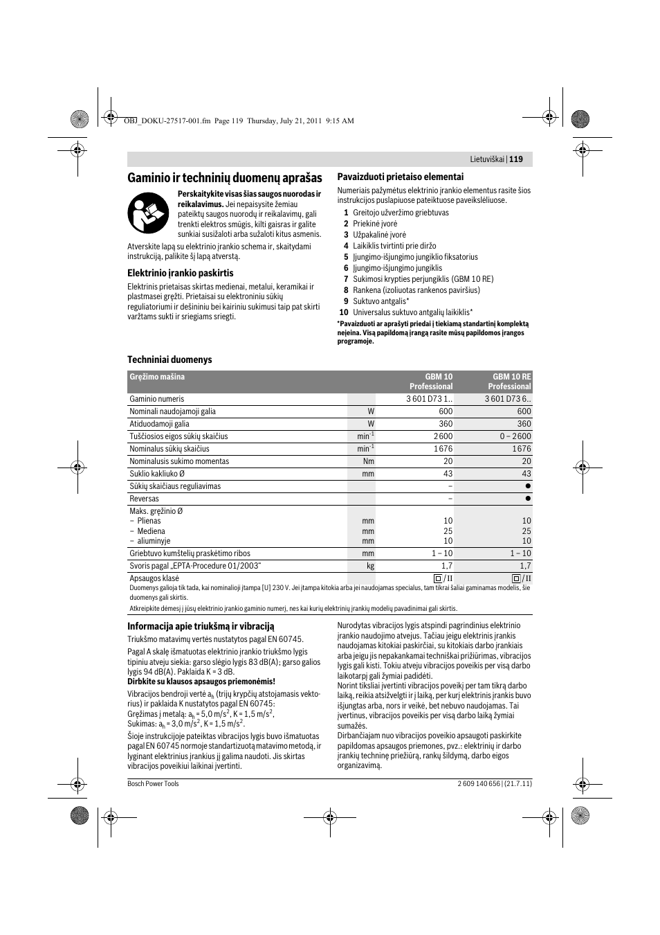 Gaminio ir techninių duomenų aprašas | Bosch GBM Professional 10 User Manual | Page 119 / 130