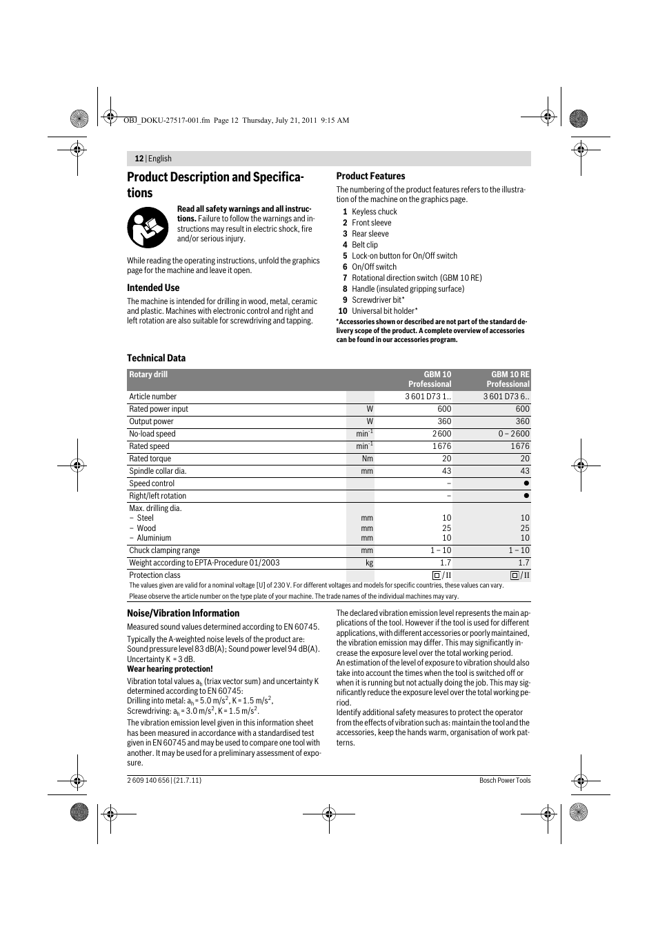 Product description and specifica- tions | Bosch GBM Professional 10 User Manual | Page 12 / 130