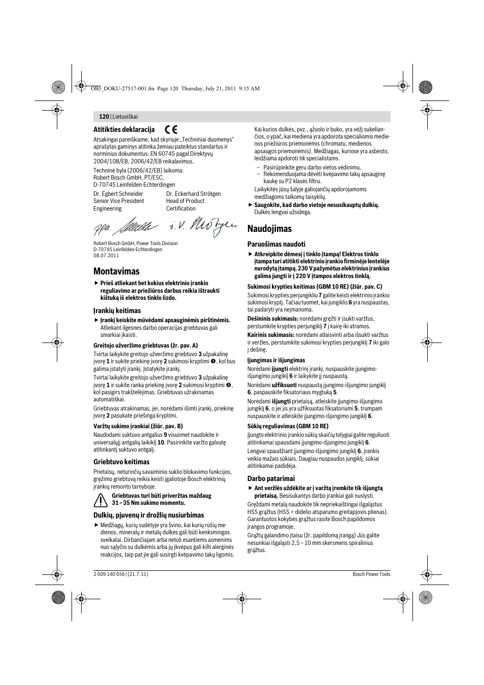 Montavimas, Naudojimas | Bosch GBM Professional 10 User Manual | Page 120 / 130