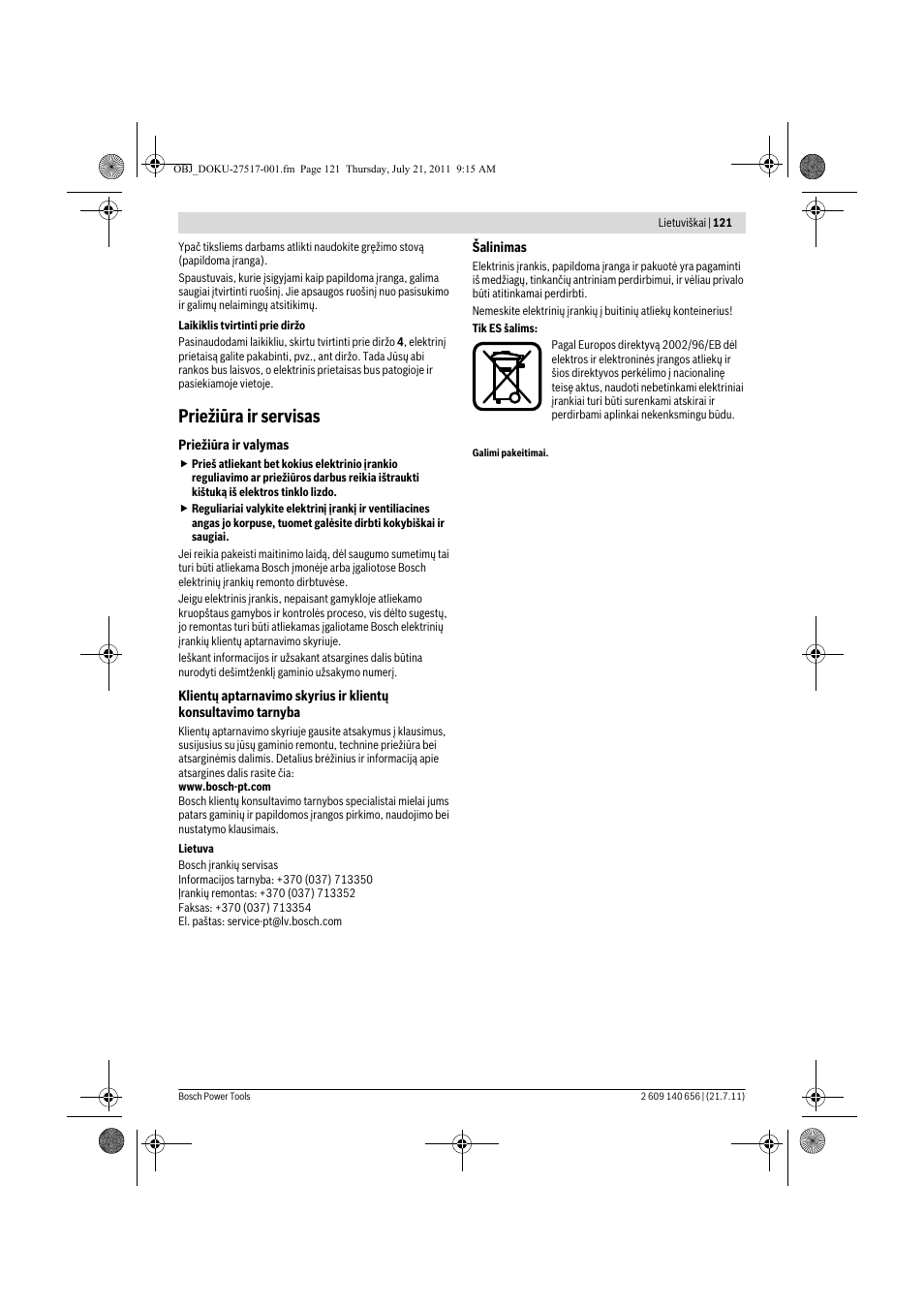 Priežiūra ir servisas | Bosch GBM Professional 10 User Manual | Page 121 / 130