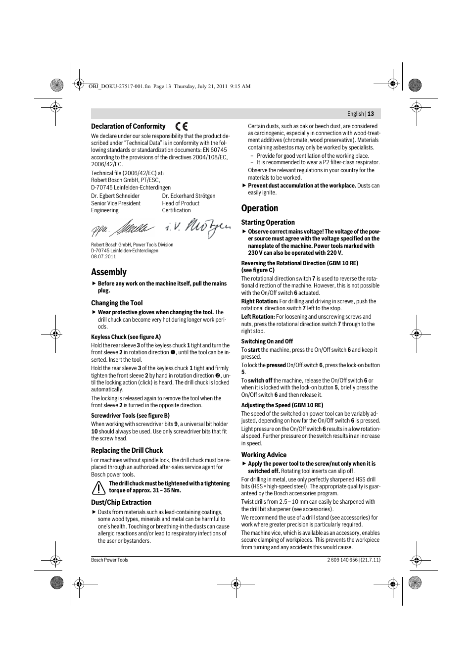 Assembly, Operation | Bosch GBM Professional 10 User Manual | Page 13 / 130