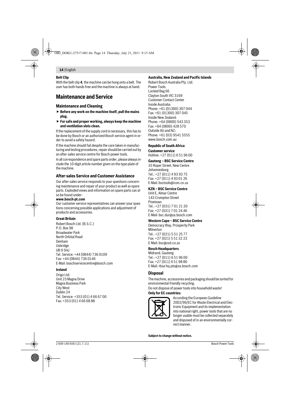 Maintenance and service | Bosch GBM Professional 10 User Manual | Page 14 / 130